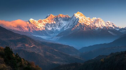 A breathtaking mountain landscape at sunset with golden hues lighting up the peaks and a peaceful valley below. 