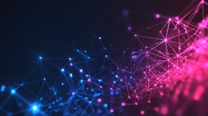 Abstract digital network with glowing nodes and connecting lines in blue and pink hues.