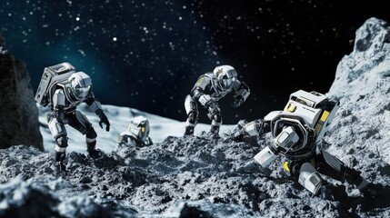 A robotic space exploration team on an asteroid mining mission, outer space setting with robotic miners, High-tech style