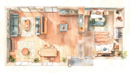 Cozy Apartment Watercolor Floor Plan: A Bird's Eye View of a Modern and Comfortable Home Design