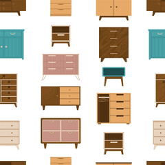 Seamless pattern of chests of drawers and cabinets of different styles and designs. Furniture for home and office. Storage of clothes and textiles. Vector illustration