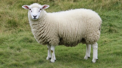 Obraz premium Majestic White Sheep in Lush Pasture - Serene white sheep grazing peacefully, symbolizing purity, agriculture, nature, tranquility, and livestock farming.