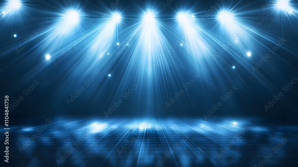 Poster a serene stage illuminated by blue lights, creating a captivating atmosphere perfect for performance