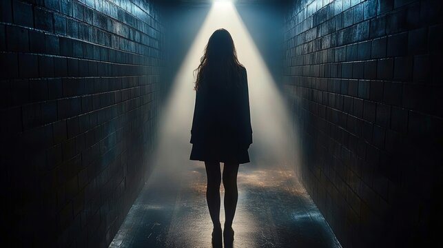 silhouette woman corridor darkness fear horror escape chase terror running