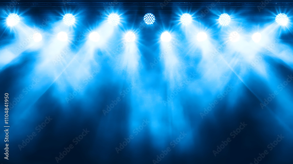 Poster a vibrant display of blue stage lights illuminating a dark background, creating an energetic atmosph