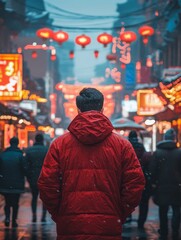 Fototapeta premium Man in Red Jacket in Busy Chinese City Street - A man wearing a red puffer jacket walks through a vibrant, bustling Chinese city street at night, illuminated by red lanterns. Symbolism: exploration, 