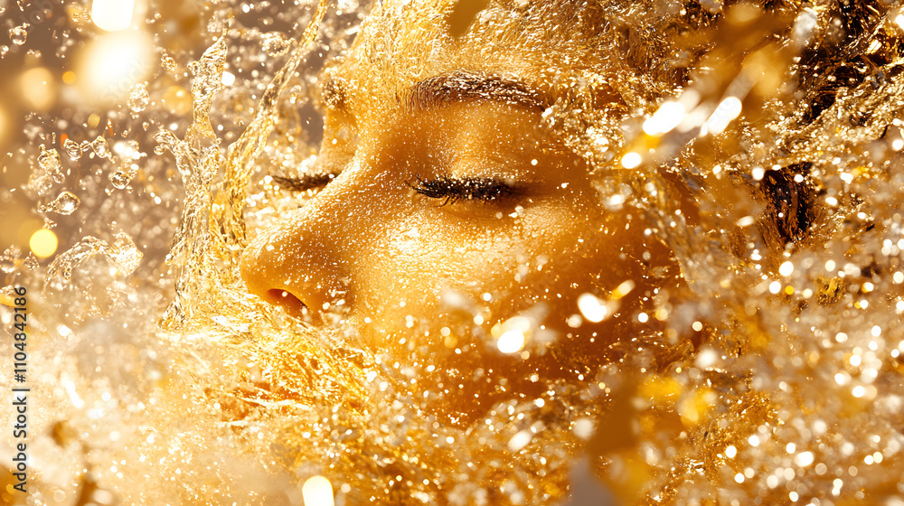 Poster a close-up of a serene face surrounded by golden particles, evoking a sense of tranquility and beaut