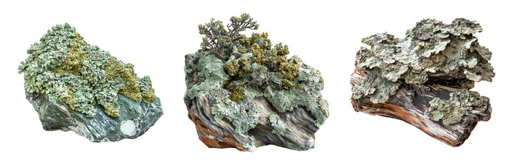 Obraz premium Textured Rock formations with Lichen and Moss Growth Isolated on transparent background png