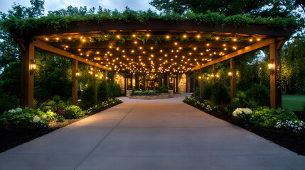 Obraz premium A beautifully lit outdoor walkway under a wooden pergola adorned with string lights, surrounded by lush greenery and elegant landscaping
