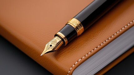 Elegant fountain pen resting on a rich leather-bound notebook with gold accents, showcasing craftsmanship and sophistication for writing enthusiasts and professionals alike.