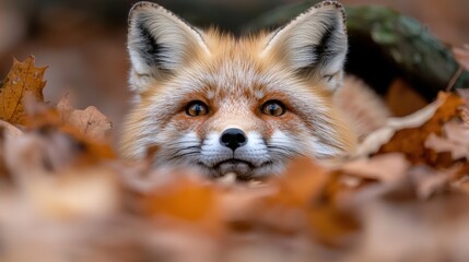 Naklejka premium Adorable Red Fox in Autumn Leaves Wildlife Photography