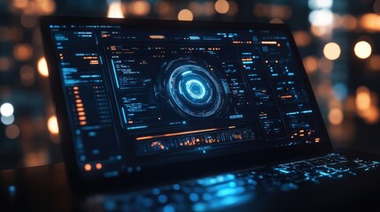 Obraz premium A laptop with a futuristic user interface on the screen. The interface is a digital dashboard with a circle at the center and various data, stats, and indicators.