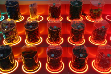 Bright lighting of buildings and structures close-up. Abstract drawings and backgrounds.