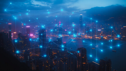  Smart digital city with connection cyber security network reciprocity over the twilight cityscape.future wireless digital city and social media networking systems that connects people within the city