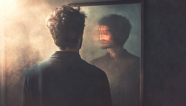 Person looking into a mirror with an ambiguous reflection