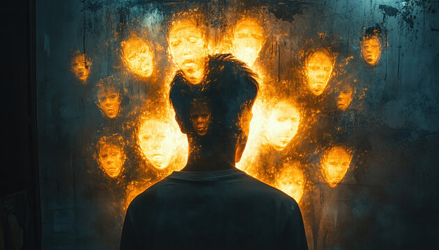 Person with a reflection resembling luminous outlines