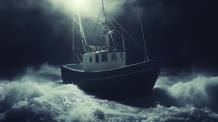 Naklejka premium Small boat in stormy sea rescuing person from water, spotlight illuminating rescue mission amidst crashing waves.