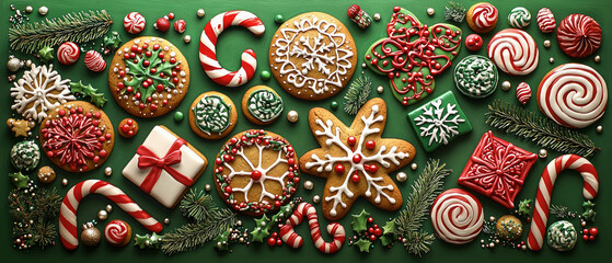 An assortment of decorated gingerbread cookies, candies, and holiday treats on a green background, generative AI