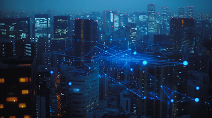 Obraz premium Smart digital city with connection cyber security network reciprocity over the twilight cityscape.future wireless digital city and social media networking systems that connects people within the city