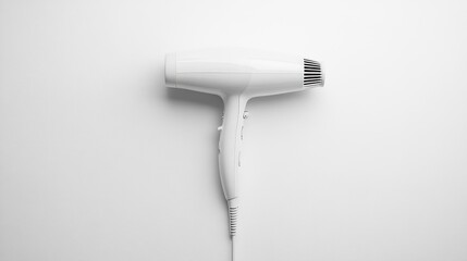 A white hair dryer positioned on a plain background, showcasing its design and function.