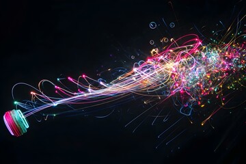 An energetic neon drawing of a champagne cork being released with bubbles swirling around, isolated on a black background.