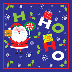 Christmas card, gift bag or box design with santa and ho ho ho text
