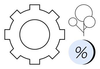 Large gear symbol next to a percentage symbol and interconnected nodes. Ideal for technology, analytics, engineering, networking, mechanics, process optimization, and data analysis themes. Line