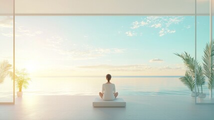 Fototapeta premium Serene Beauty: Woman in Calming Skincare Routine by Ocean View Window, Sunlight, Regenerative Beauty Concept