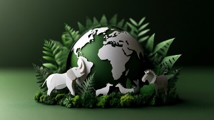 Papercraft Globe with Wildlife: A Green Earth Conservation Concept