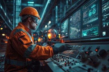 Engineer Operator working in a factory doing monitoring and maintenance in industrial environment