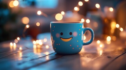 A cheerful blue mug with a smiley face sits on a wooden table, surrounded by soft lights.
