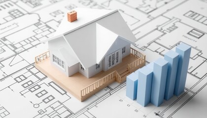 a detailed model of a house on building plans, with a 3D bar graph representing rising statistics beside it.