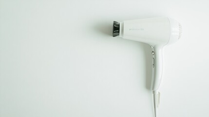 A white hair dryer positioned on a plain background, used for drying and styling hair.