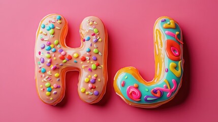 Colorful donut letters "H" and "J" decorated with sprinkles on a pink background.