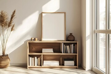Modern interior design of a living room with a shelf and bookcase, a blank poster frame on the wall as a mockup, minimal home decor, natural light from the window