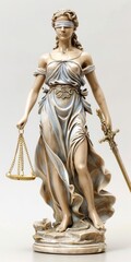 Fototapeta premium Symbol of justice holding scales and a sword, embodying the principles of fairness and law, depicted in a detailed sculpture with intricate designs