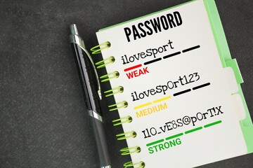 three password strengths: weak, medium and strong passwords. Tips to Select the Strongest Password. the concept of personal data protection. Protection through Digital Keys