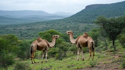 Grazing camels in a tranquil african savanna a nature photography perspective