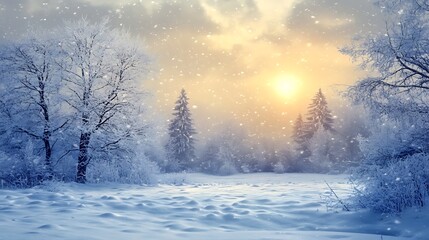A peaceful winter scene with a vast snowy expanse and a faint sun in the background. 