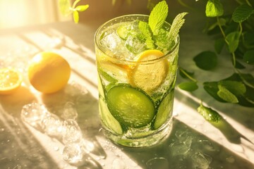 Fototapeta premium A refreshing glass of cucumber, lemon and mint infused water with ice on a marble surface.