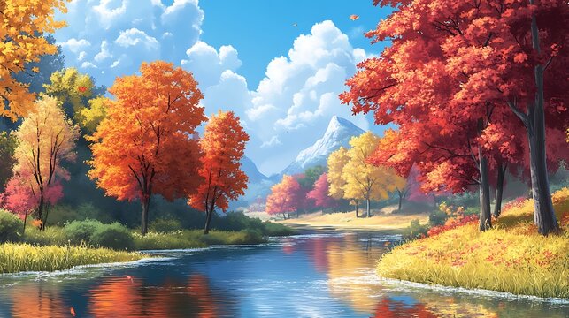 A picturesque autumn scene with colorful trees lining a tranquil river, under a crisp blue sky. 
