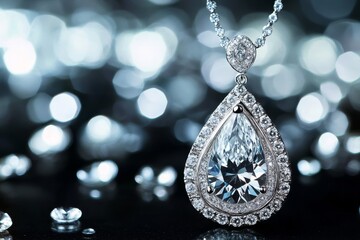 Pear Shaped Diamond Pendant Necklace in Silver - Elegant pear-shaped diamond pendant, silver setting, luxury jewelry, brilliance, sparkle.