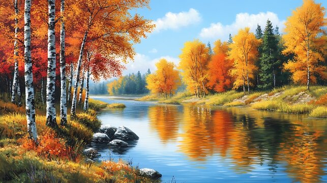 A picturesque autumn scene with colorful trees lining a tranquil river, under a crisp blue sky. 