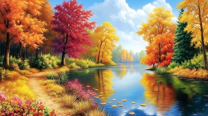 A picturesque autumn scene with colorful trees lining a tranquil river, under a crisp blue sky. 