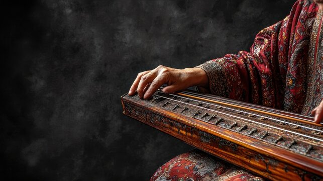 A Person in Traditional Clothing Playing a Santur Musical Instrument Against a Dark Background