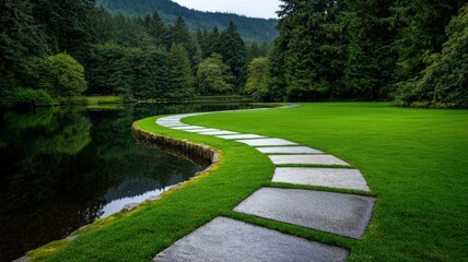 Fototapeta premium environmental consideration recycling and nature. Serene pathway winding through lush greenery by a calm lake.