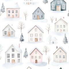 Fototapeta premium Seamless pattern of snow-covered dollhouses, pastel boho watercolor, isolated on white background