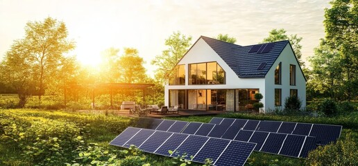 Obraz premium Solar Panels in Front of Modern Two-Story House Surrounded by Greenery