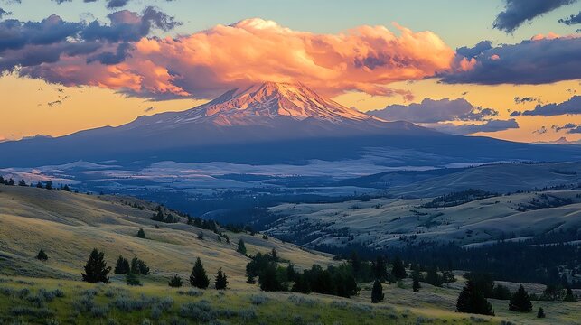 A scenic sunset view over a majestic mountain, with soft clouds catching the light and rolling hills in the foreground. 