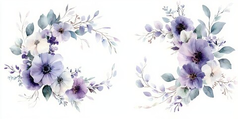 Watercolor Floral Arrangement Purple Green Bouquet Frame Border Wedding Stationary Background